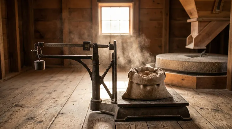 An old beam scale with a burlap sack of grain inside a wooden mill, flour dust in the morning light