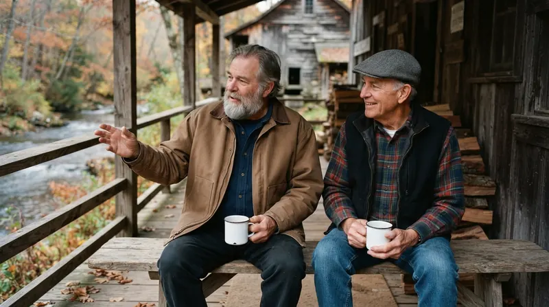 Two men in their late sixties talking over coffee on the porch bench of an old wooden mill