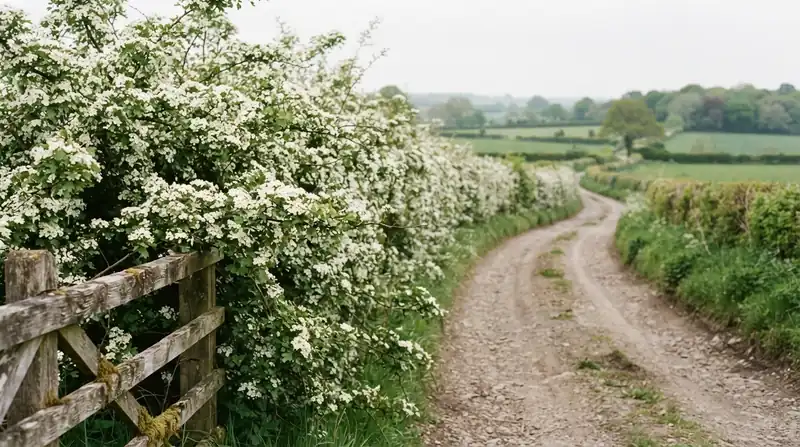An old hawthorn hedge in white spring bloom along a quiet country lane