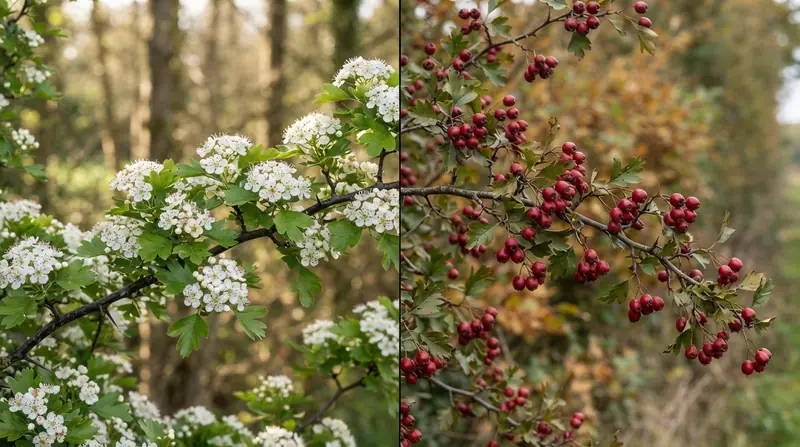 Split image of hawthorn flowers and leaves in spring on the left and red hawthorn berries in autumn on the right