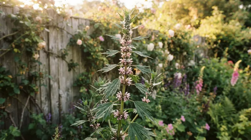 A tall motherwort plant in flower against a weathered wooden garden fence