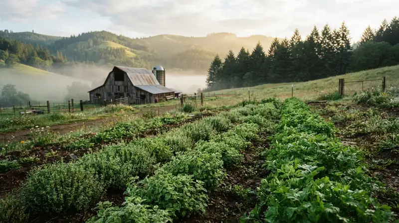 Rows of herb plants on a small farm in the green hills of southern Oregon in the early morning