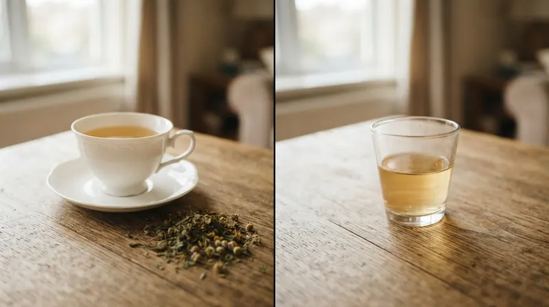 Split image of a cup of herbal tea beside dried leaf and flower on the left and a small glass of lightly tinted water on the right