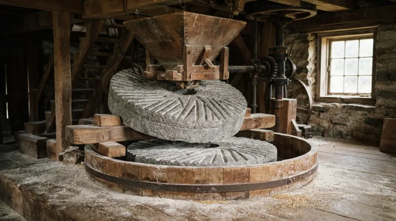 Two old millstones with carved furrows inside a restored gristmill, the upper stone propped open
