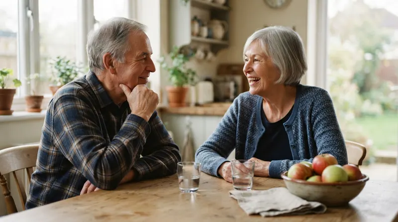 A married couple in their seventies talking at a sunlit kitchen table with two small glasses of water
