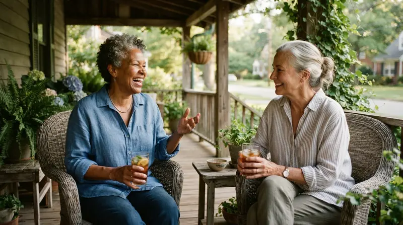 Two women in their late sixties talking and laughing over iced tea on a shaded front porch