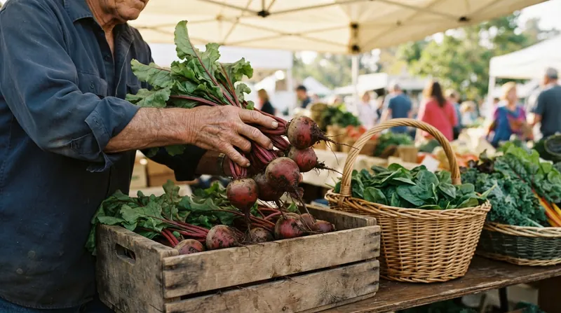 Weathered hands lifting a bunch of fresh beets with leafy tops from a crate at a farmers market