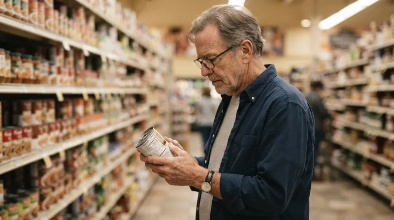 An older man in a grocery aisle turning a can to read its side panel through his reading glasses