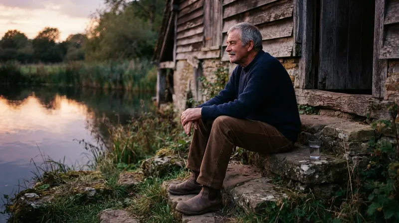 A man in his late sixties sitting on the stone steps of an old mill at dusk, looking out at the millpond