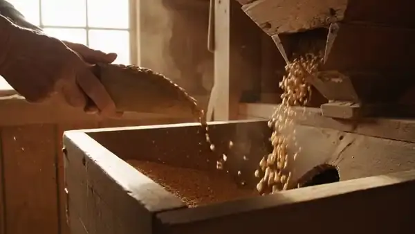 Weathered hands tipping a scoop of wheat into the wooden hopper of a mill