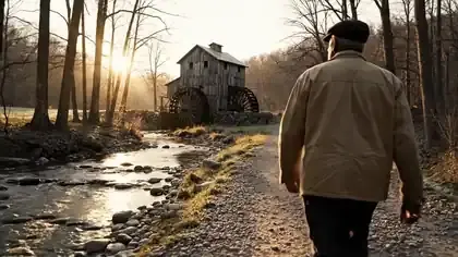 A man in his late sixties walking briskly along a gravel creek path toward an old mill