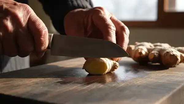 Weathered hands slicing fresh ginger root on a wooden cutting board