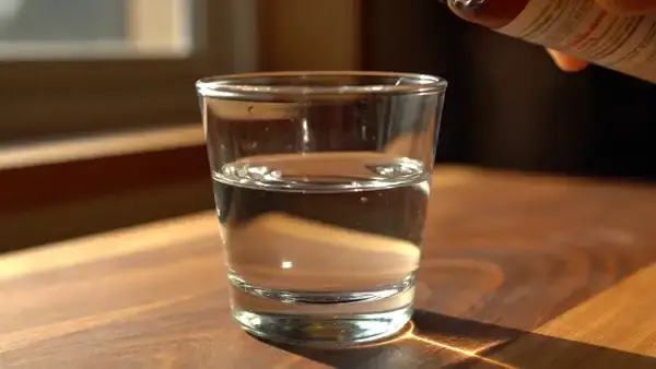 A thin stream of amber liquid curling into a small glass of water on a kitchen counter