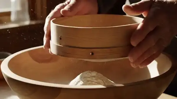 Hands shaking a wooden flour sieve over a bowl, fine flour falling through the mesh