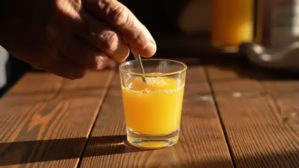 An older man's hand stirring a small glass of orange juice with a teaspoon