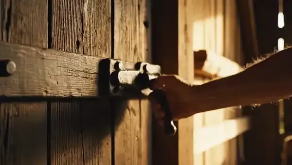 A weathered hand closing a wooden mill door and sliding the iron latch in evening light